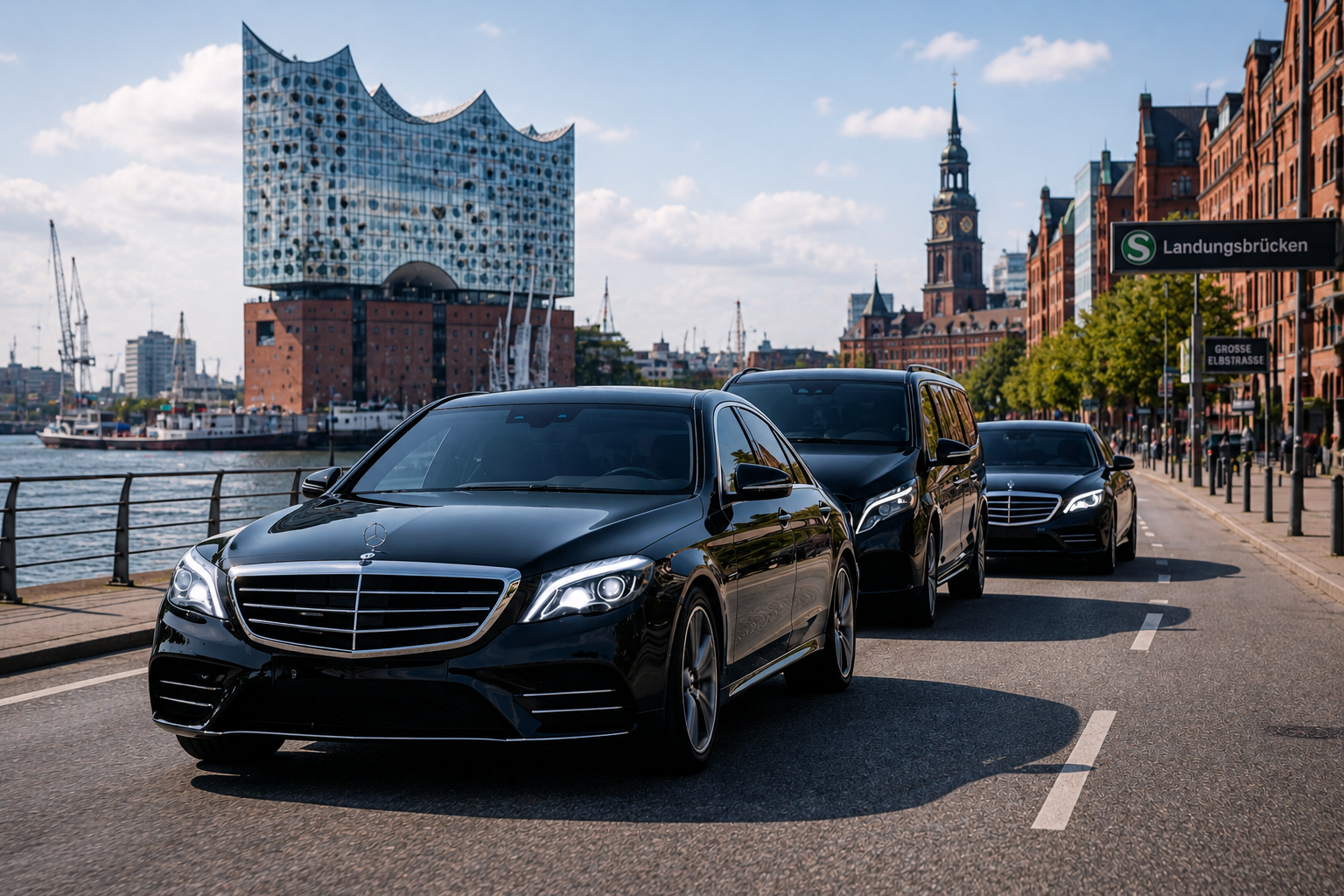 Sichere Transportkolonne vor der Elbphilharmonie in Hamburg